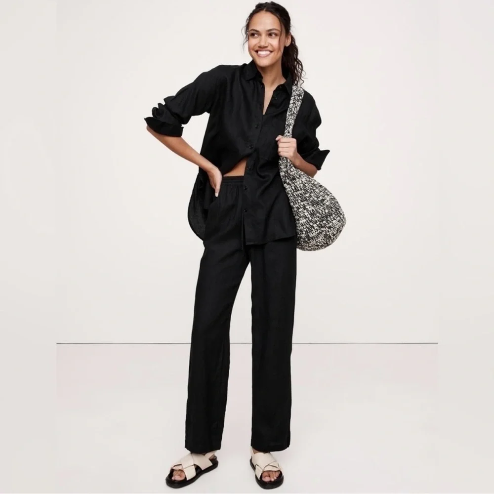 NEW! BANANA REPUBLIC BLACK LINEN PULL-ON ANKLE PANT 🖥️1️⃣2️⃣